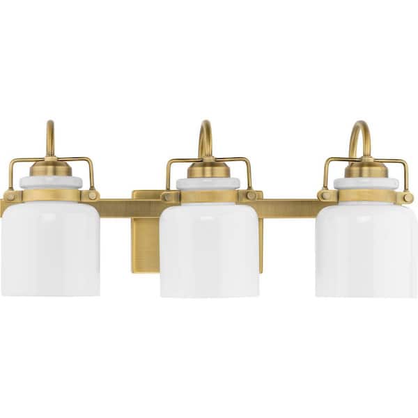 Fessler Collection 21.12 in. 3-Light Vintage Brass Opal Glass Farmhouse Vanity Light