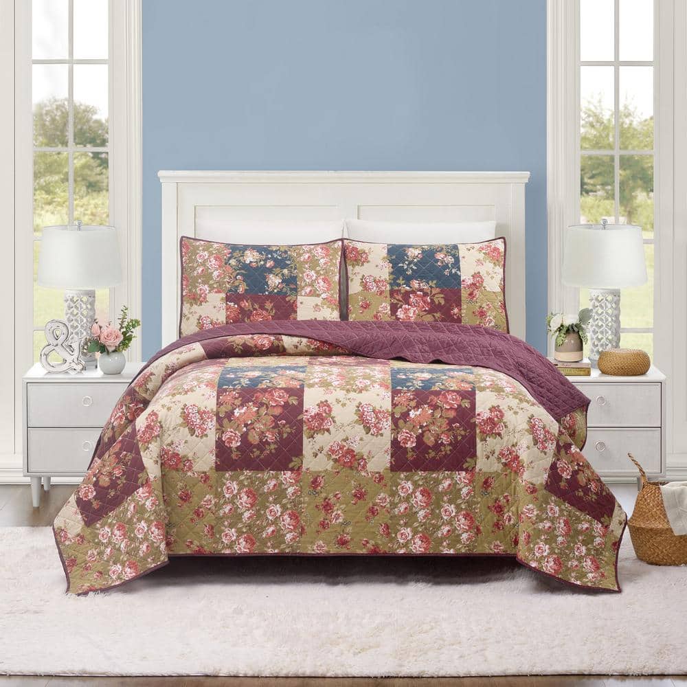 Germaine Red and Blue Floral Twin Cotton Quilt Set