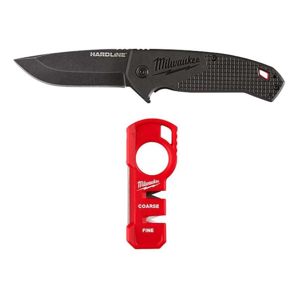 Milwaukee 3 in. Hardline D2 Steel Smooth Blade Pocket Folding Knife with Compact Jobsite Knife Sharpener (2-Piece)