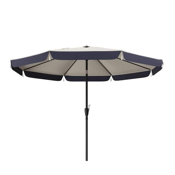 10 ft. Outdoor Cantilever Umbrella with Fringe, Large Patio Umbrella for Poolside, Deck, Garden in White and Navy Blue
