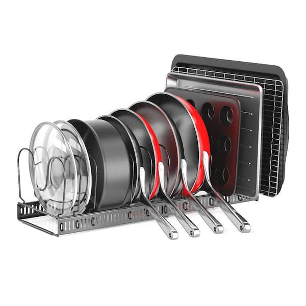 Black Adjustable Expandable Pan Organizer Rack 12-Dividers Pot and Pan Holder for Cabinets and Countertops