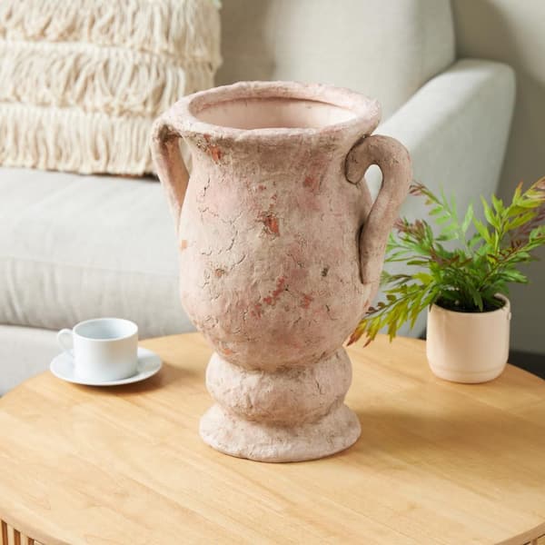 Litton Lane 17 in. Pink Antique Style Distressed Stoneware Amphora Decorative Vase with Handles