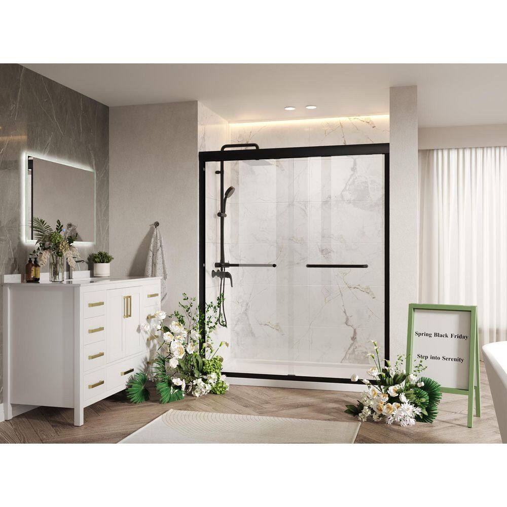 60-Inch Matte Black Aluminum Double Sliding Shower Door with Clear Glass