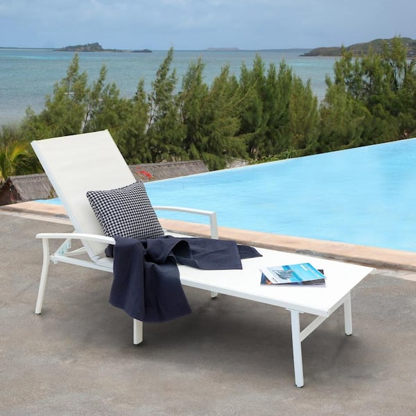 Nuu Garden White Outdoor Chaise Lounge Chair with 5-Position Adjustable Back