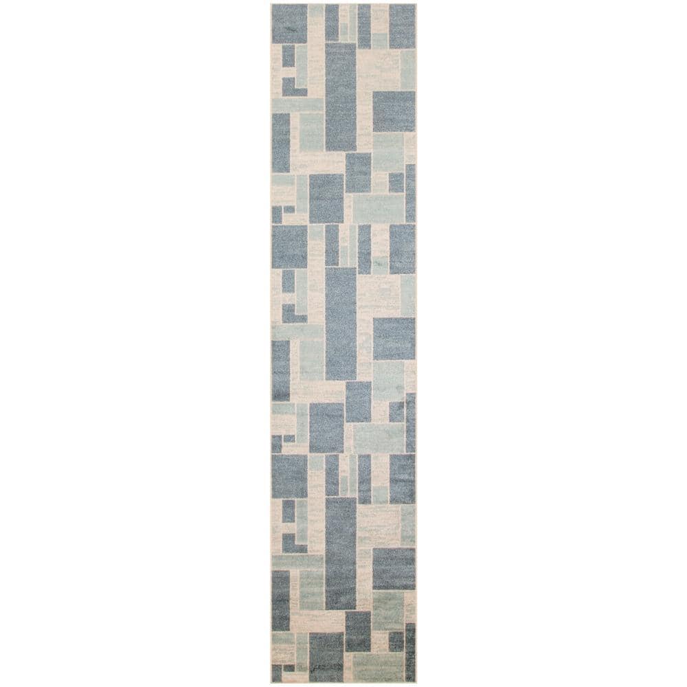 Astra Blue Ivory Geometric Synthetic Runner Rug 2'2" x 10'