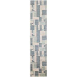 Astra Machine Washable Blue Ivory 2 ft. x 10 ft. Geometric Contemporary Runner Area Rug