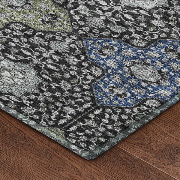 Mayfield Premium Machine Washable Abstract AMF2566 Black 2 ft. x 7 ft. Runner Rug