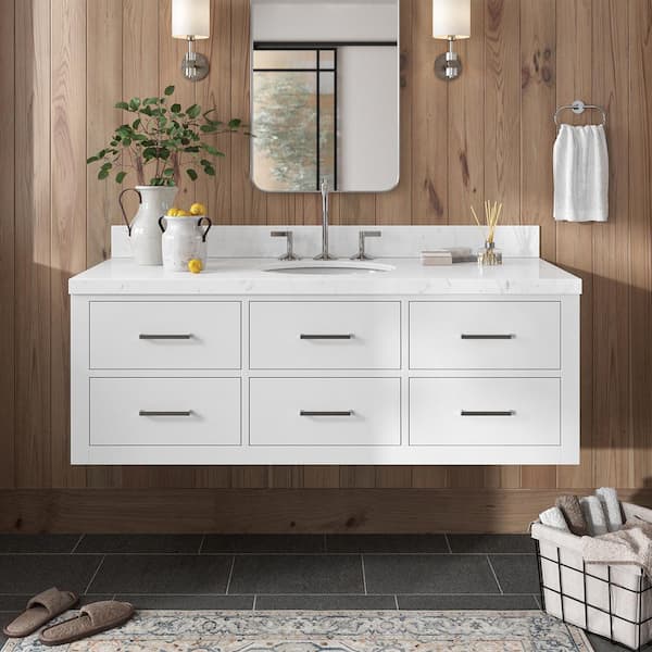 ARIEL Hutton 54.25 in. W x 22 in. D x 19.6 in. H Single Sink Freestanding Bath Vanity in White with Carrara White Quartz Top