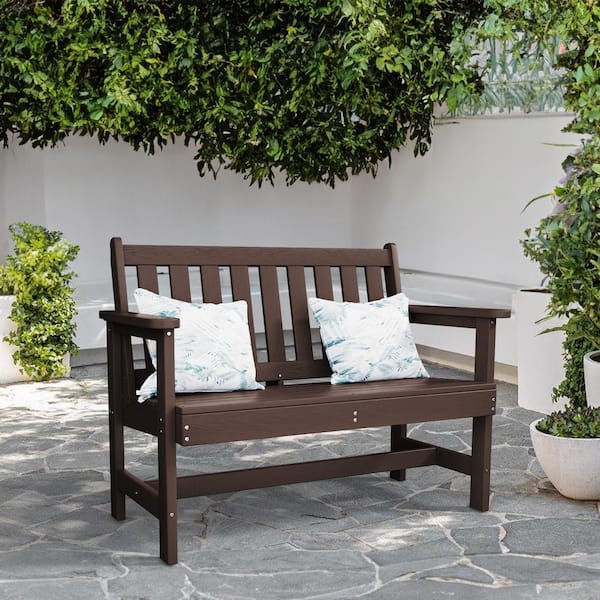 JEAREY Garden Bench All-Weather HDPE 2-Person Plastic Outdoor Bench in Coffee