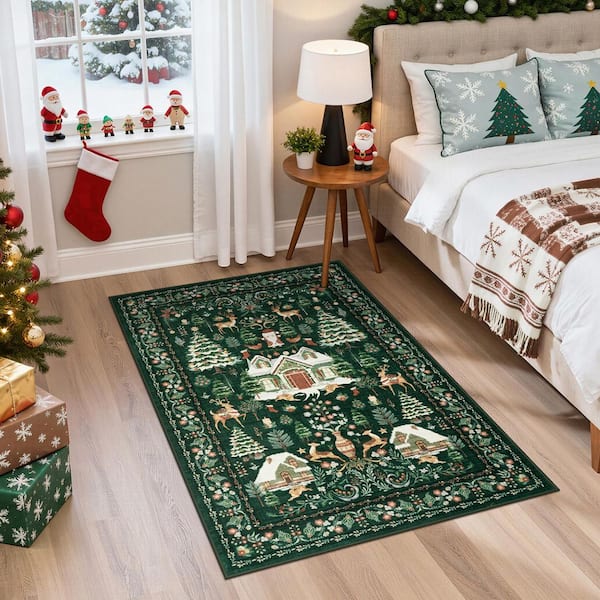 Washable Vintage Christmas Woodland Cabin Pattern Non Slip Green 4 ft. x 6 ft. Living Room/Bedroom Indoor Area Rug
