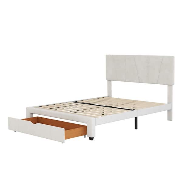 URTR Beige Wood Frame Full Size Velvet Upholstery Platform Bed with 1-Drawer, Adjustable Headboard(Full)