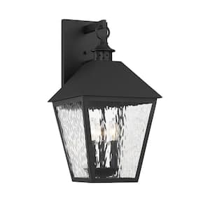 Harrison 11 in. W x 21.5 in. H 3-Light Matte Black Hardwired Outdoor Wall Lantern Sconce with Clear Water Glass Shade