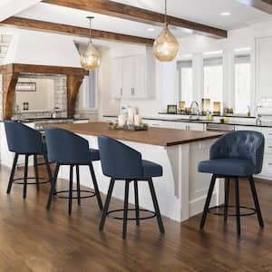 Arturo 26 in.Navy Blue Faux Leather Upholstered Swivel Bar Stool with Metal Frame Nailhead Counter Barstool Set of 4
