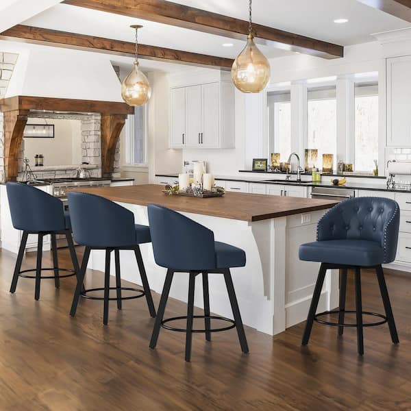 Arturo 26 in.Navy Blue Faux Leather Upholstered Swivel Bar Stool with Metal Frame Nailhead Counter Barstool Set of 4