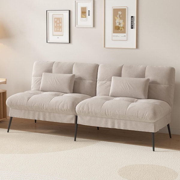 ComHoma 65 in. Cream Fabric Futon Couch with Adjustable Backrest Convertible Futon Sofa Bed Convertible Sofa Bed