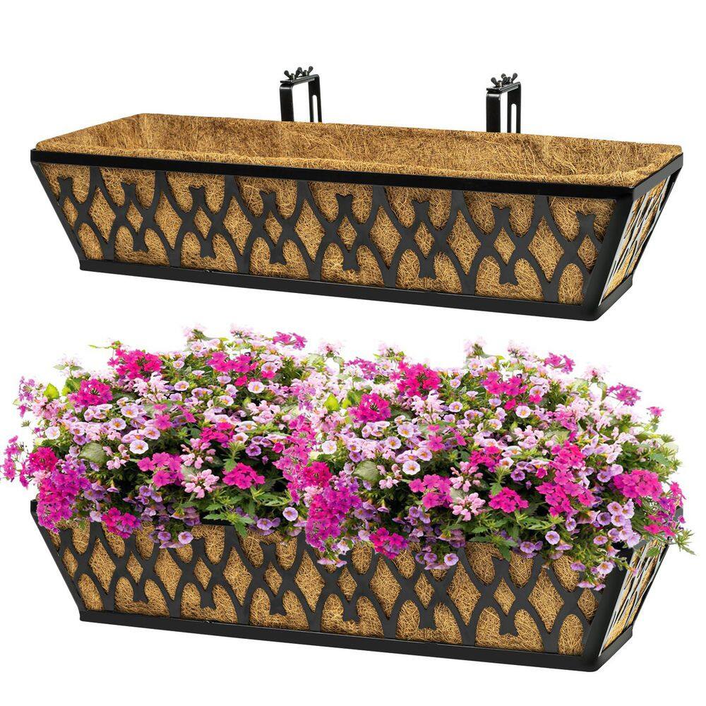 24 in. x 7 in. Black Window Boxes with Adjustable Brackets, Balcony Hanging Flower Baskets with Coco Liners (2-Pack) price history on PriceWatchPro