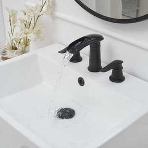 8 in. Waterfall Widespread 2-Handle Bathroom Solid Brass Faucet With Pop-up Drain Assembly in Spot Resist Matte Black