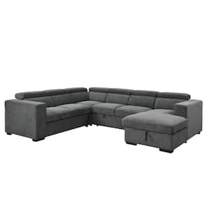 123 in. U Shaped Polyester Sectional Sofa in Dark Gray with Pull-Out Bed, Adjustable Headrest, Storage Chaise