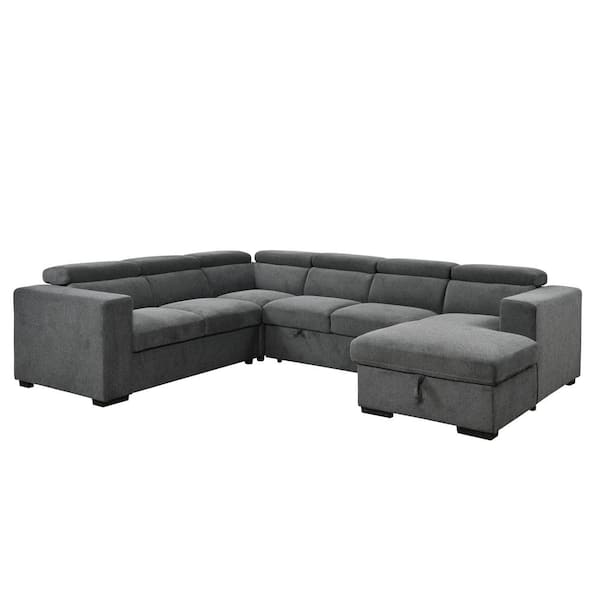 sumyeg 123 in. U Shaped Polyester Sectional Sofa in Dark Gray with Pull-Out Bed, Adjustable Headrest, Storage Chaise