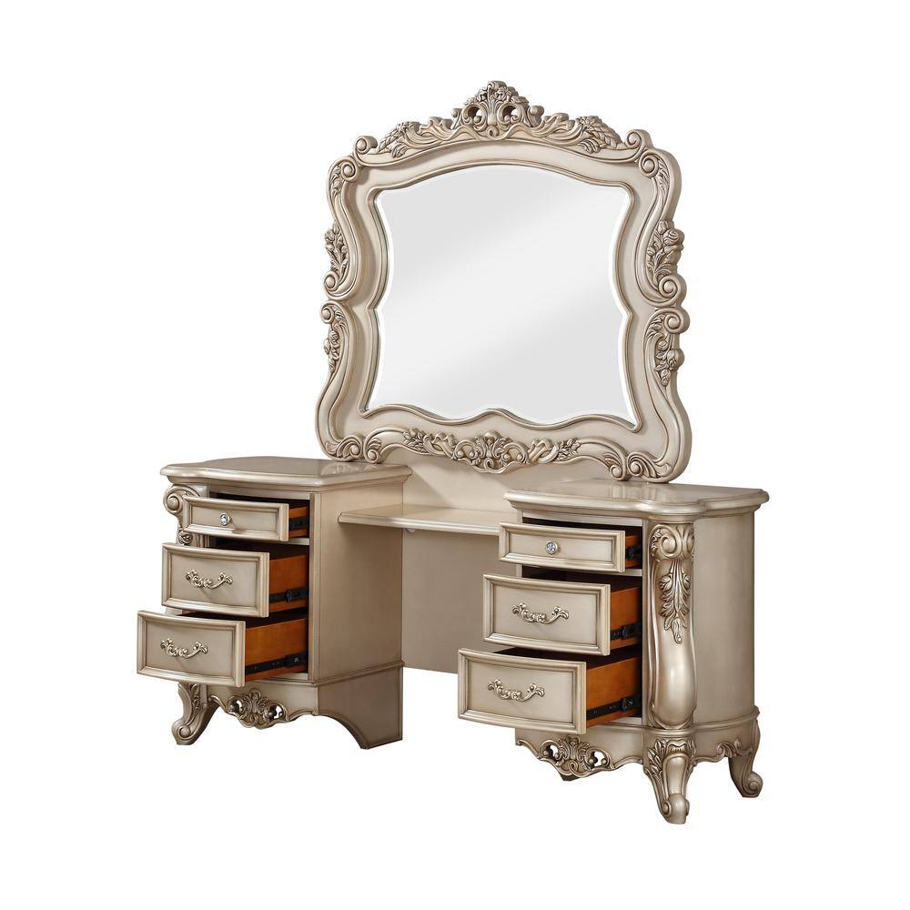 Golden Ivory 6-Drawer Wooden Vanity Desk with Mirror