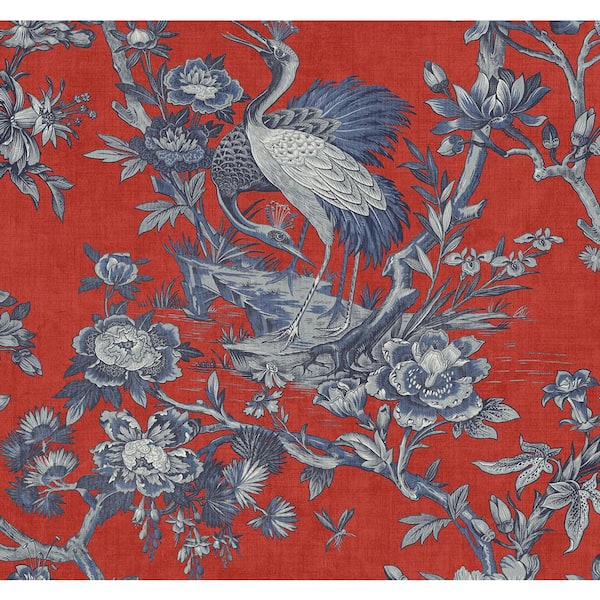 Seabrook Designs 60.75 sq. ft. Crimson Alice Crane Toile Paper Unpasted Wallpaper Roll