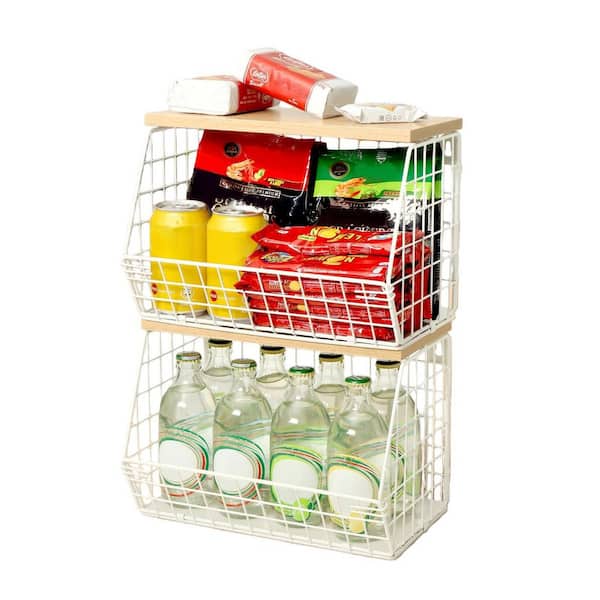 2 Piece Stackable Kitchen Storage Fruit Basket Set with Wood Lid, for Countertop Fruit Veggie Organization in White