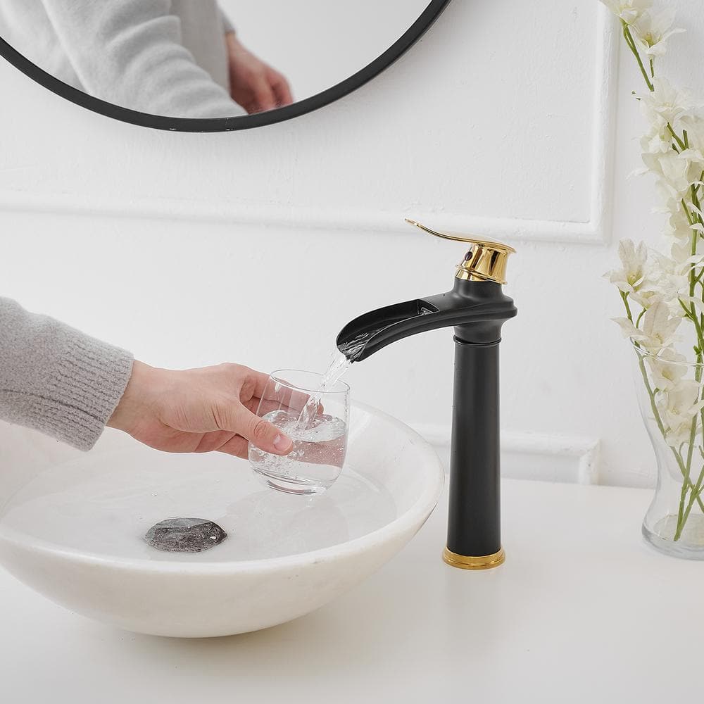 Gold and Black Waterfall Single Handle Bathroom Vessel Faucet