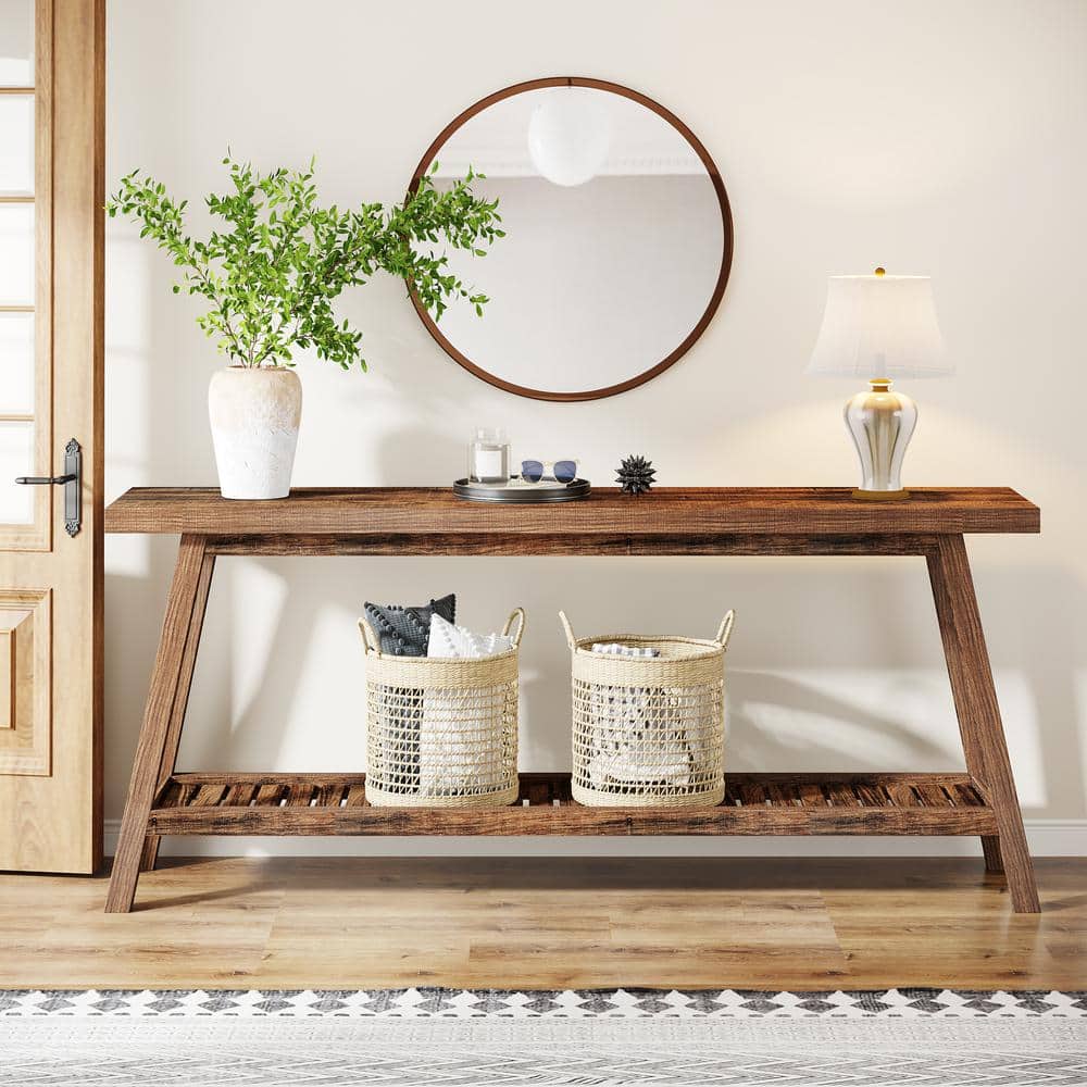 70.9-Inch Rustic Brown Wooden Console Table with Storage