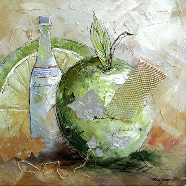 Yosemite Home Decor 24 in. x 24 in. "Green Apple Fusion" Hand Painted Contemporary Artwork