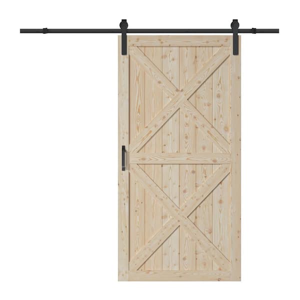 ARK DESIGN 42 in. x 84 in. Solid Core Unfinished Pine Wood Double X Design Barn Door Slab with Hardware Kit