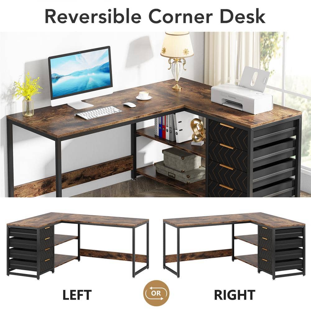 Brown L-Shaped Computer Desk with Drawers and Shelves