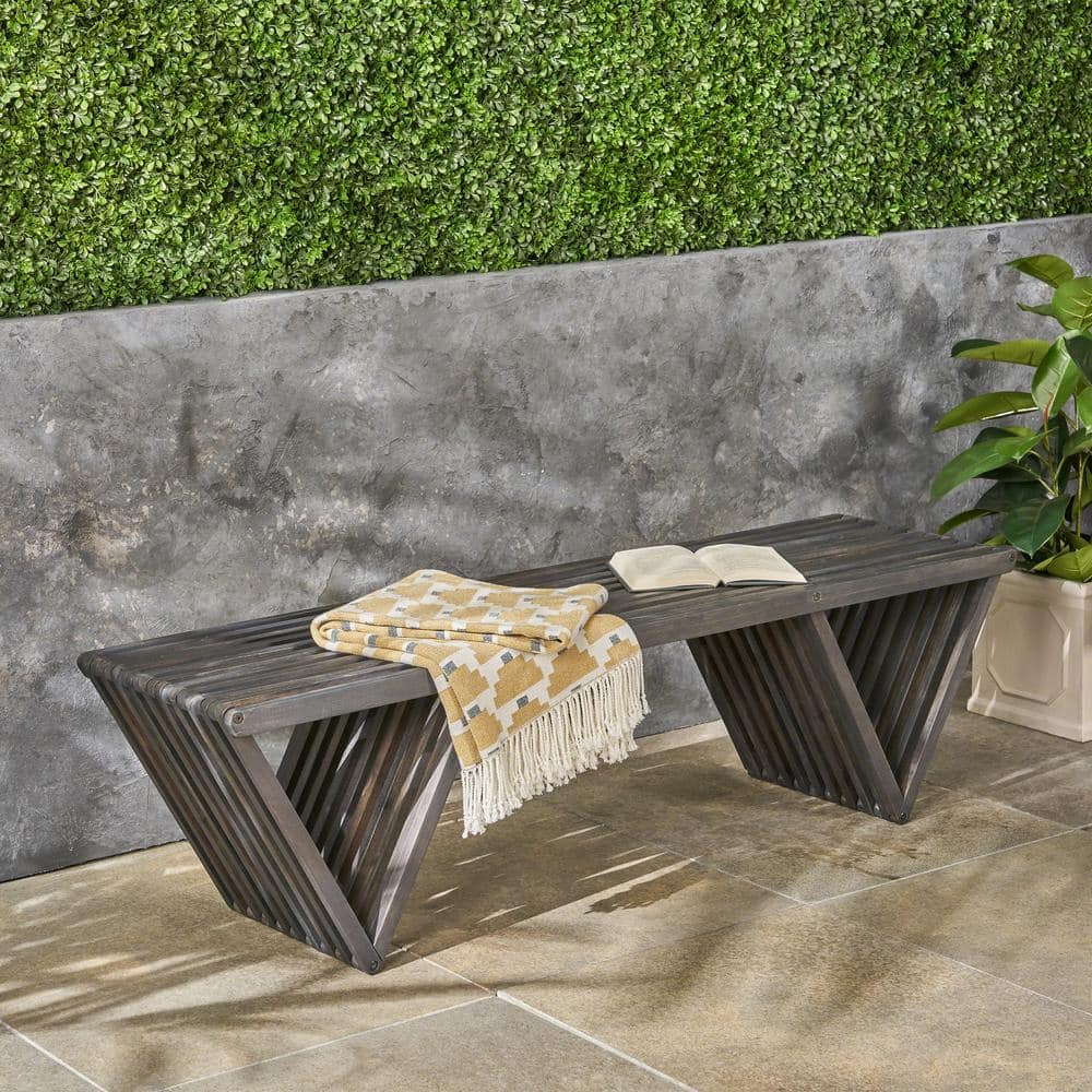 Dark Gray Acacia Wood Outdoor Bench with Slat Design