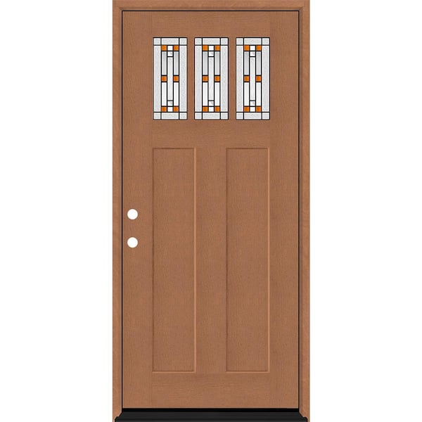 Steves & Sons Regency 36 in. x 80 in. 3-Lite Amberton Decorative Glass RHIS Autumn Wheat Stain Fir Grain Fiberglass Prehung Front Door