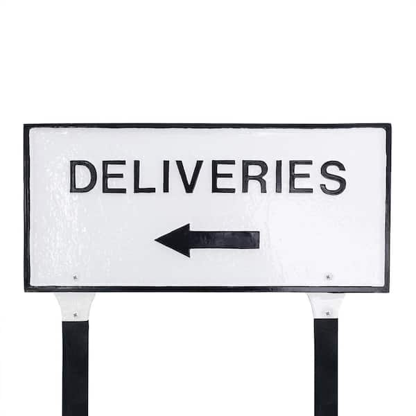 Montague Metal Products 7.25" x 15.25" Deliveries with Left Arrow Standard Rectangle Statement Plaque with Lawn Stakes - White/Black