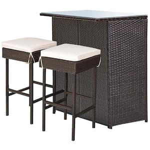 Brown 3-Piece Wicker Outdoor Serving Bar Set with Beige Cushions