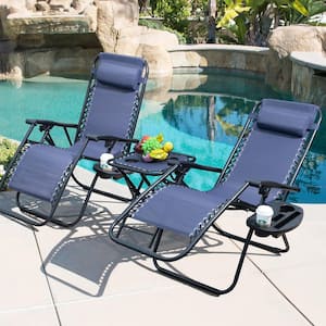 Navy Zero Gravity Outdoor Lounge Chair Side Table Set with Headrest, Metal Lawn Chair Set, Beach Chair 3-Pieces