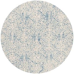 Blossom Blue/Ivory 6 ft. x 6 ft. Floral Damask Geometric Round Area Rug
