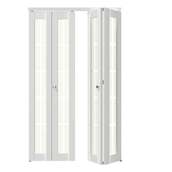 TENONER 48 in. x 80 in. Frosted Glass, Solid Core, White, 10-Lite, MDF Wood, PVC Covering Bi-Fold Doors with Hardware Kits