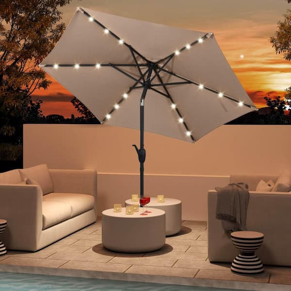 7.5 ft. Solar Powered Market Patio Umbrella with LED Lights Push Button Tilt Crank Handle in Tan