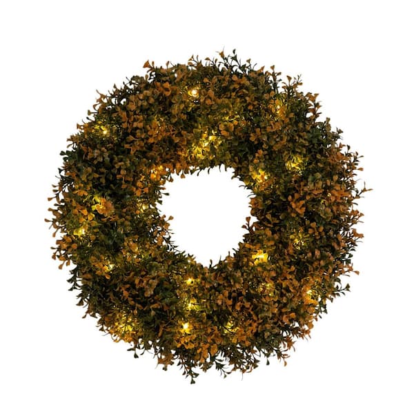 18 in. Artificial Wreath Boxwood Pre-Lit with 25 Warm White LED Lights