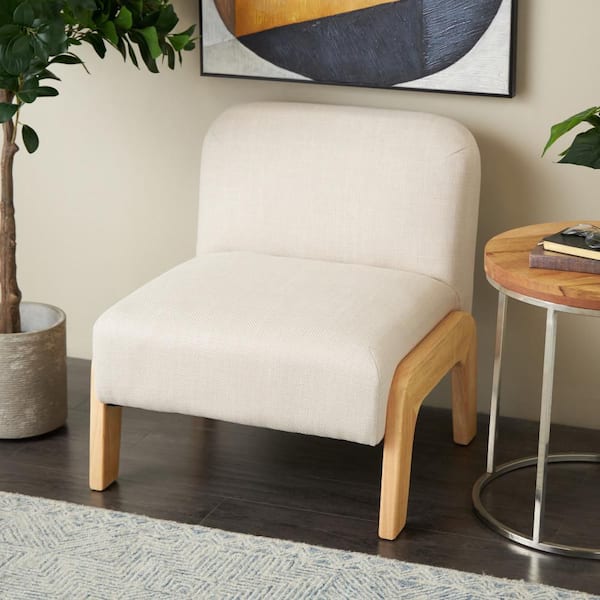 Litton Lane Beige Square Boucle Polyester Accent Side Chair with Brown Wooden Legs