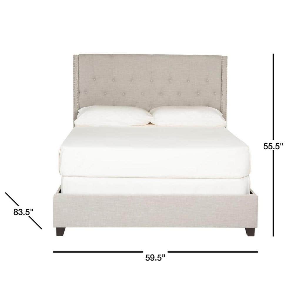 Transitional Beige Linen Full-Size Platform Bed with Nailhead Trim