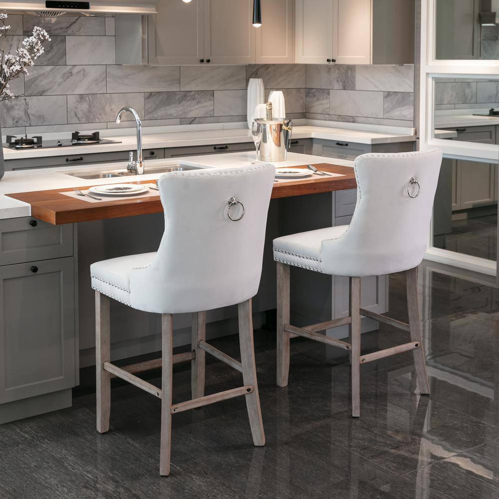 Beige Velvet Upholstered Bar Stools with Natural Wood Legs, Set of 2