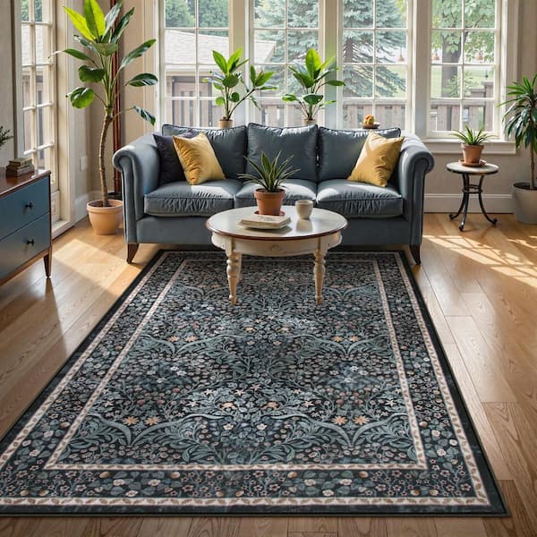 Boho Floral Botanical Washable Non Slip Black 5 ft. x 7 ft. Entryway Kitchen Runner Area Rug