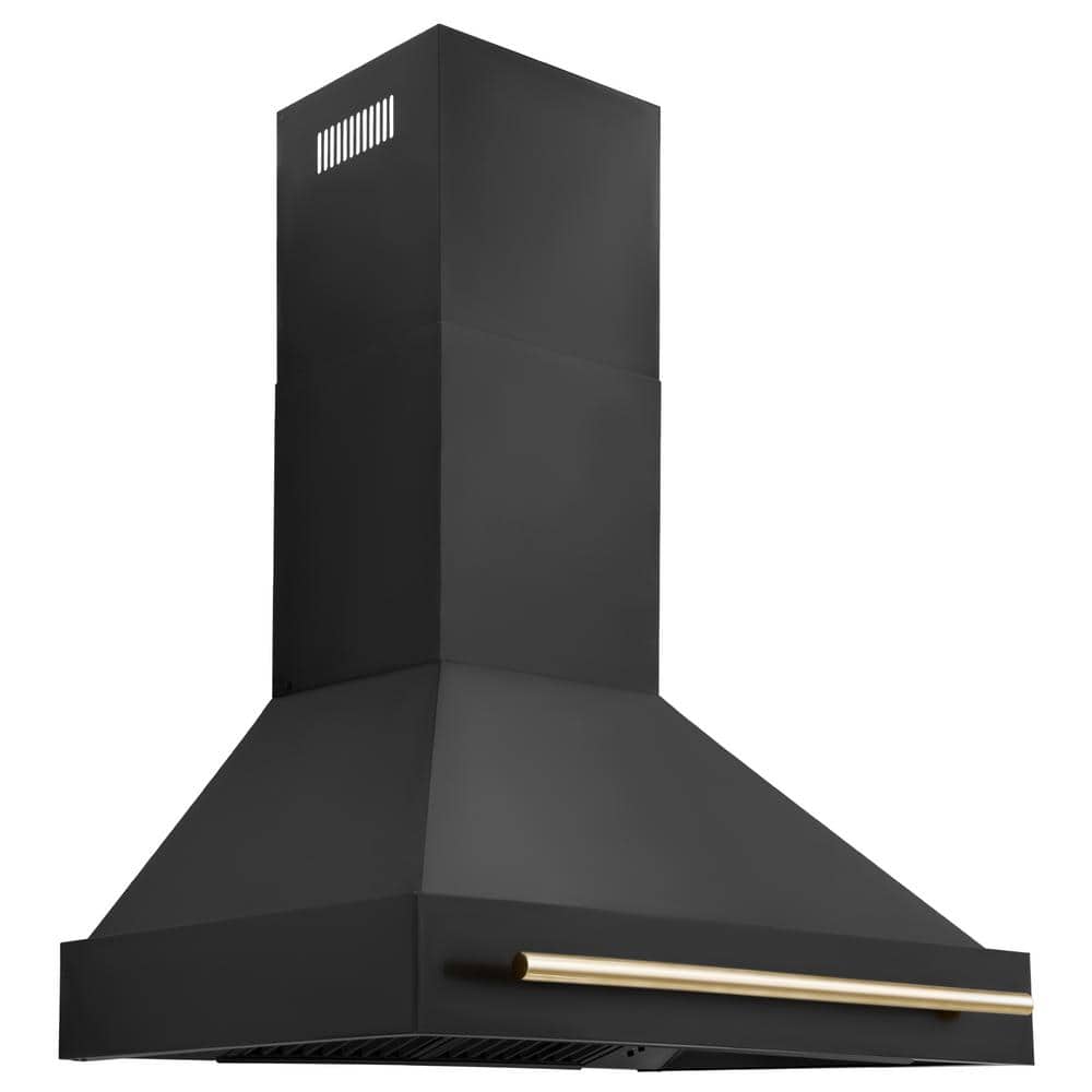 36 in. 700 CFM Ducted Vent Wall Mount Range Hood with Polished Gold Handle in Black Stainless Steel
