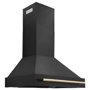 36 in. 700 CFM Ducted Vent Wall Mount Range Hood with Polished Gold Handle in Black Stainless Steel