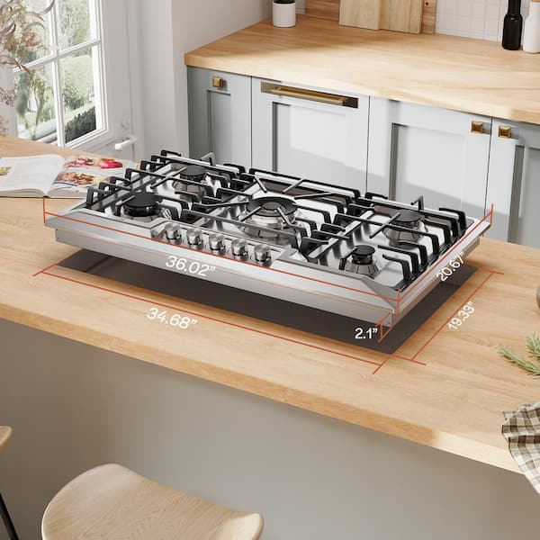 Trifecte Galway 36 in. GAS Cooktop in Stainless Steel with 5 Burners Including Power Burners and Cast Iron Griddle, Silver