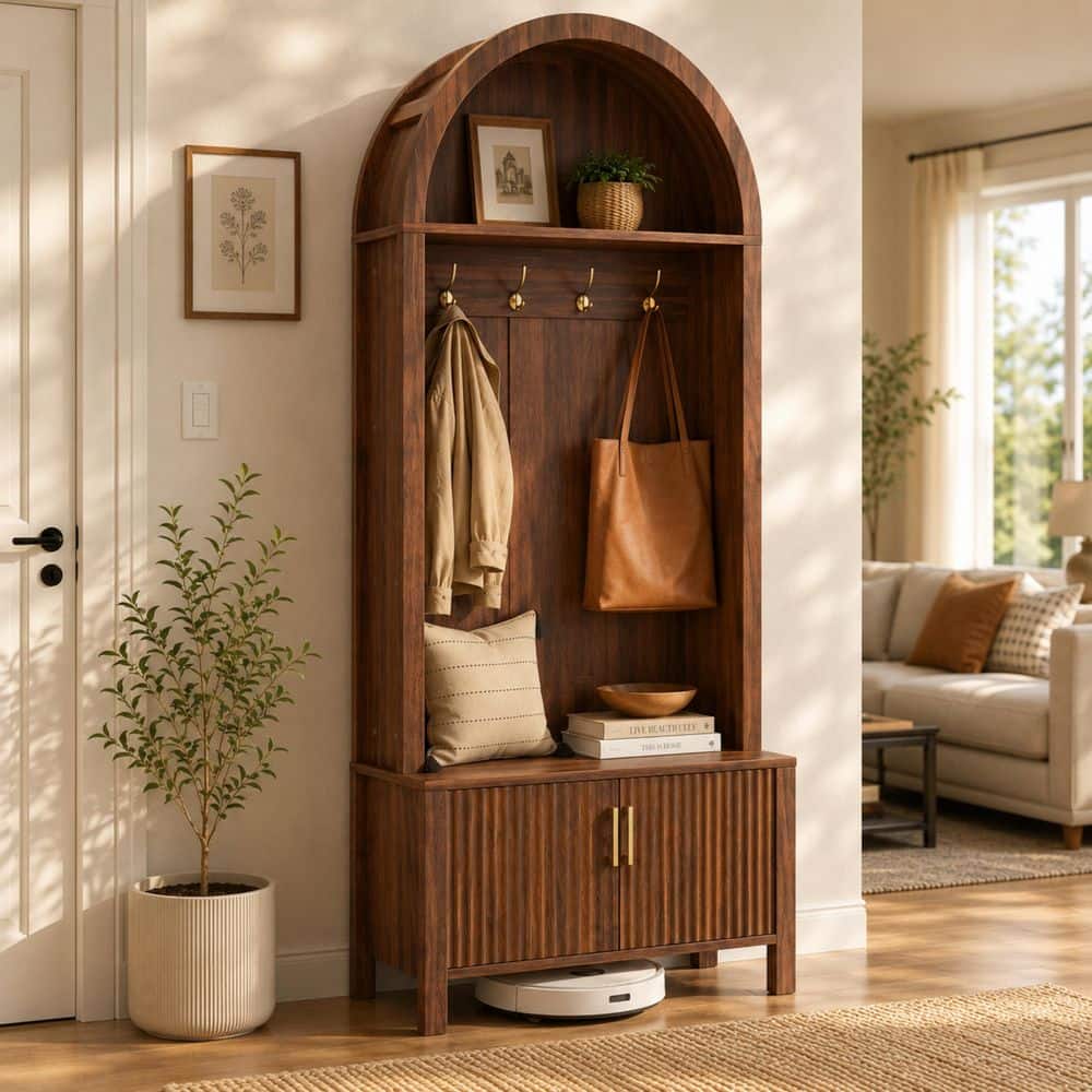 Modern Walnut Finish Arched Entryway Hall Tree with Bench, Shoe Storage and Coat Hooks price history on PriceWatchPro