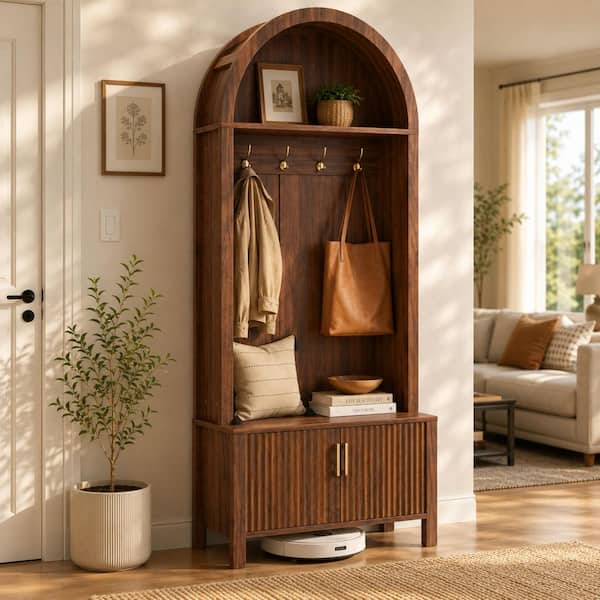 Modern Walnut Finish Arched Entryway Hall Tree with Bench, Shoe Storage and Coat Hooks