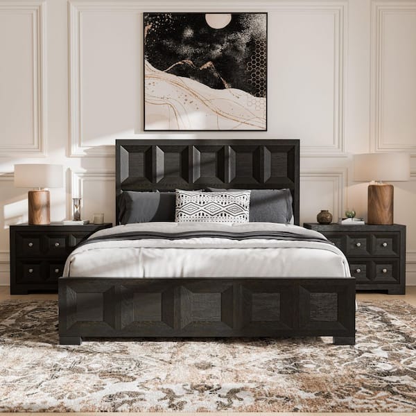 Furniture of America Flonnin 3-Piece Weathered Black Wood Frame King Panel Bedroom Set with Oversized Nightstand and Felt-Lined Top Drawers